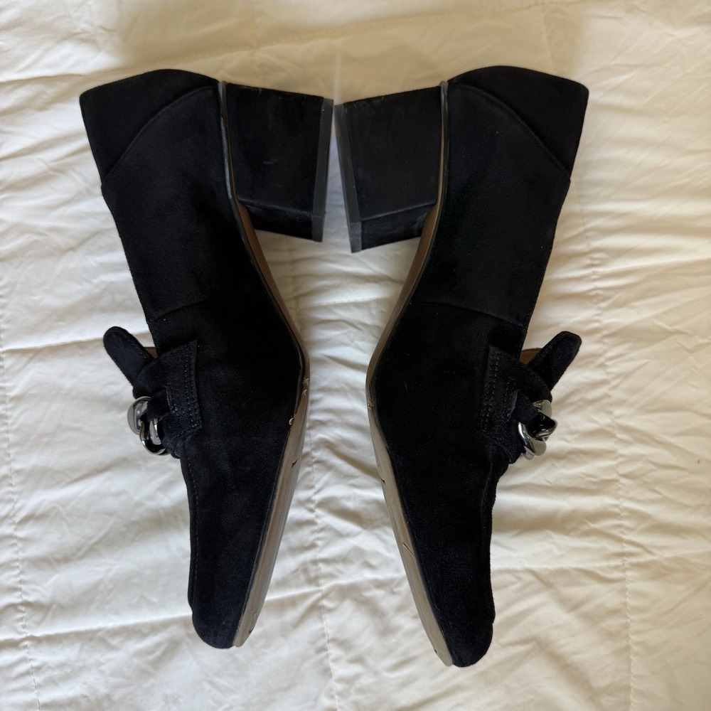 Franco Sarto Chunky Chain Suede Leather Loafers Sz 8.5 Black Block Heel Academia - Picture 4 of 10